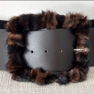 Wide Italian Leather Belt with Genuine Fur Buckle, Labeled